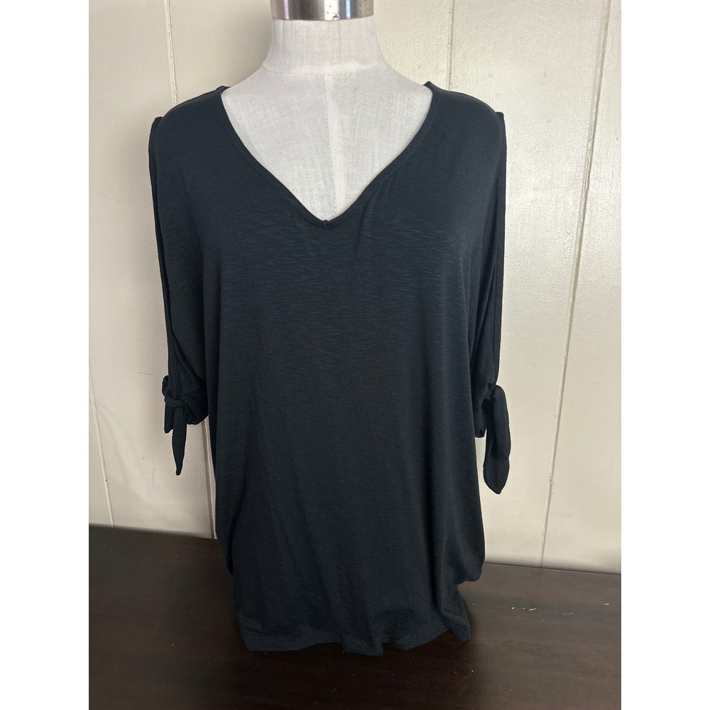 Tahari Womens Black Cold Shoulder Tie Sleeve Modal V-Neck Knit Top XL NEW
